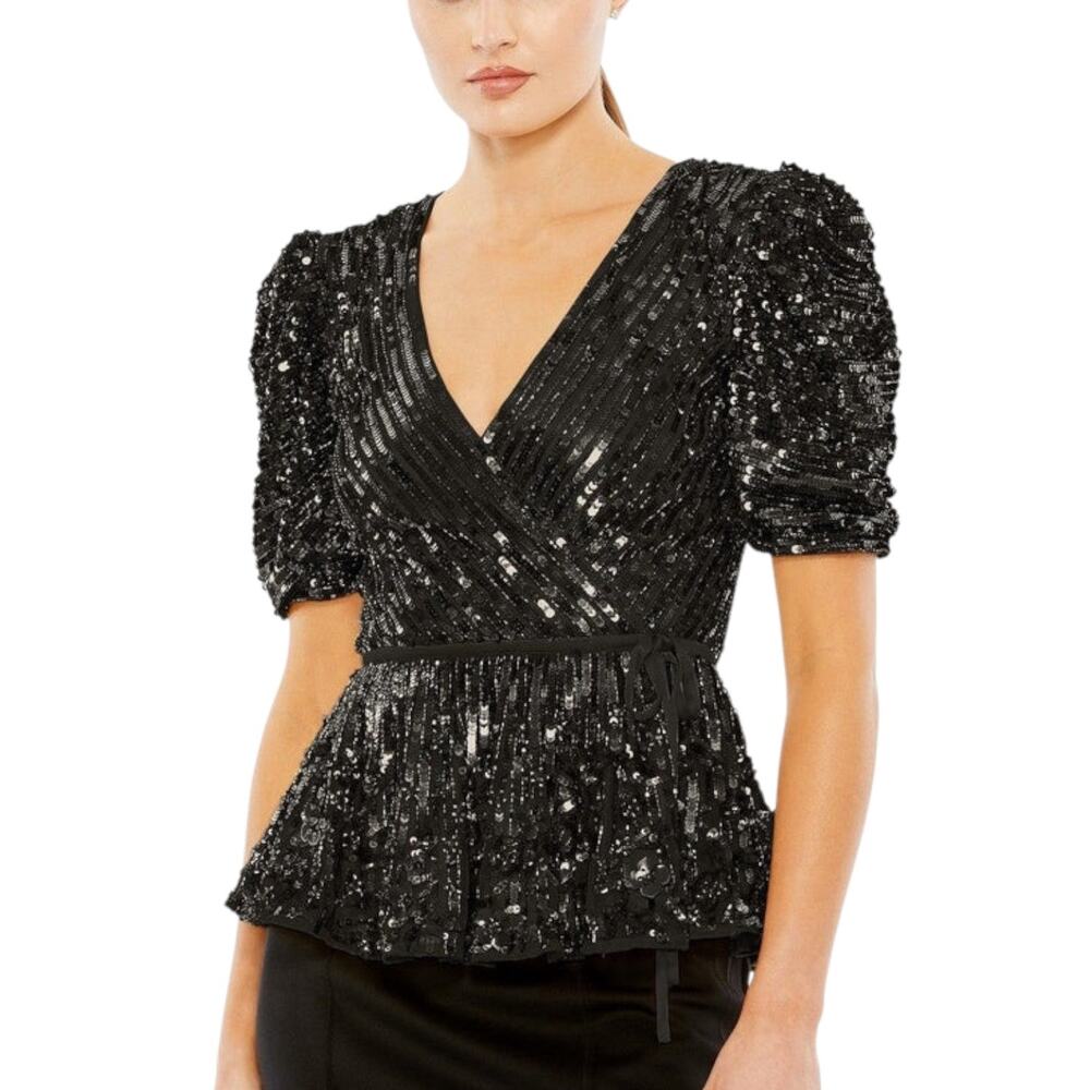 Mac Duggal R5694 Black Sequin Floral Faux Wrap Peplum Top L